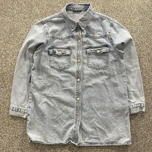 Miss Bonbon Denim Shirt Womens L Long Sleeve Snap Button Collared Light Wash
